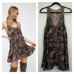 Free People S Pink and Brown Floral Velvet Mini Dress Sleeveless Boho Hippie